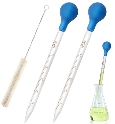 Glaspipette Pipette 10ml,2 Stück Glas Pipetten,Transfer Pipette,10ml Tropfpipette Flüssigkeiten Messpipette,Pipette Groß mit Gummi-pipettierball x 2 + Reinigungsbürste x 1