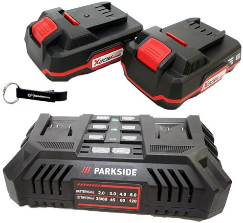 HEADNMORE® Parkside® Chargeur double batterie 20 V PDSLG 20 + 2 batteries 2 Ah + porte-clés HEADNMORE®
