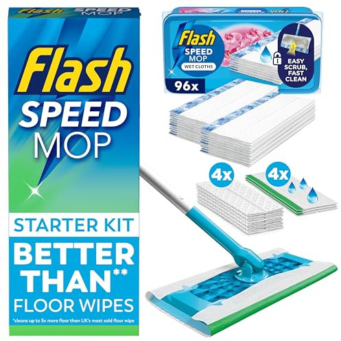 Flash Speed Mop Starter Kit Bundle Value Pack, Handle + 16 Dry + 8 Lemon Anti-bac + 96 Wild Orchid Wet Refills