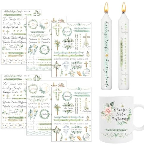 YOMOVER Kommunion Taufe Kerzentattoos, 6 Stück Wassertransferdruck Kerzen Tattoo, Wasserschiebefolie Kerzenfoile, Taufe Konfirmation Kerzenaufkleber für Kommunionkerze Bastelset DIY Kerzen Dekorieren