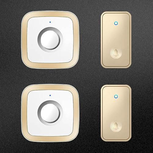 SLDAGe Wireless Doorbell, Self-Powered No Battery Door Bell, IP68 Waterproof Cordless Plug-in Doorbell Kit 2 Receivers 2 Remote Push Buttons, Plug in 500ft Long Range Door Bell Chime 60 Melodies,Gold