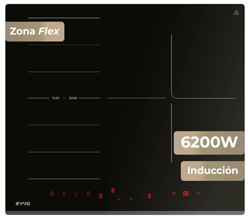 EVVO Placa Inducción V62 - Vitrocerámica Inducción 4 Zonas, Zona Flexible, 7200W, Booster, Control Táctil, 9 Niveles, Bloqueo Infantil, Temporizador, Apagado Automático, Cristal Negro