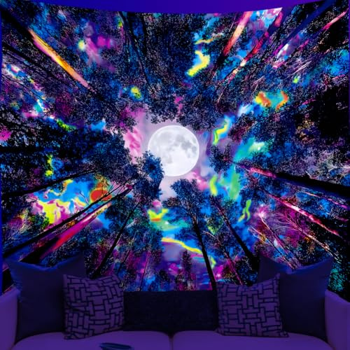 WEBEEDY Schwarzlicht Tapisserie Fantasie Mondwald Tapisserie UV Reaktiv Leuchtendes Wandbehang Hintergrundbild Trippy Schwarzlicht Poster Für Schlafzimmer Wohnkultur 150x130cm