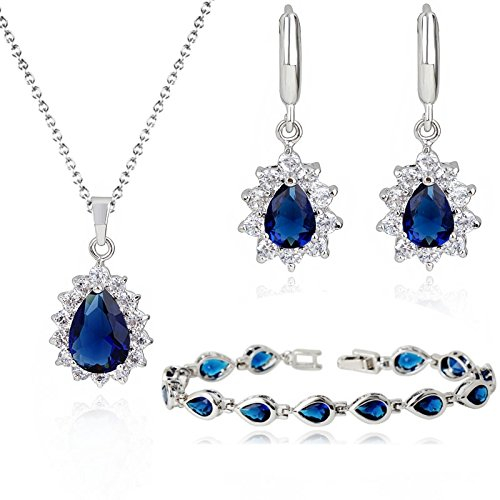Crystalline Azuria Tropfenform 18 kt Vergoldet Blauer simulierter Saphir Zirkonia Kristalle Schmuck-Set Halskette Ohrringe Armband