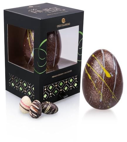 CHOCOLISSIMO – Großes Osterei aus Vollmilchschokolade mit 4 alkoholfreien Pralinen – Edles Ostergeschenk in dunkler Geschenkbox, Ostern Süßigkeiten Geschenk für Frau, Osterschokolade, Luxury Egg Dark