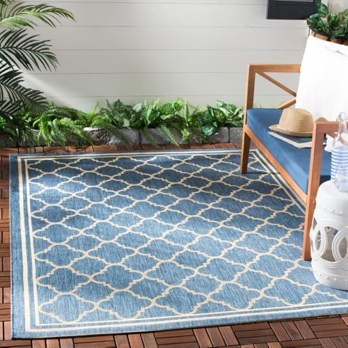 SAFAVIEH Washable Rug Outdoor Courtyard Collection - 5'3 x 7'7, Blue & Beige, Non-Shedding & Easy Cleaning, Ideal for Patio, Backyard, Mudroom (CY6918-243)