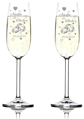 2er Set Sektgläser Hochzeitsgeschenk Personalisiert mit Namen Datum, Geschenkidee zur Hochzeit, Verlobung, Jahrestag, Stadesamt, Valentinstag oder Geburtstag Champagner, Prosecco, Sektglas