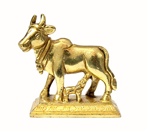 StonKraft Wunderschöne Glücksfigur - Nandi Kamadhenu Kamdhenu Kuh - Hindu Figur Schwarze Kamdhenu Kuh und Heilige Kuh und Kalb Messing Skulptur