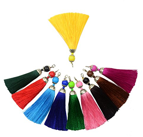 Makhry 10 Stücke 4.5 Zoll Handgemachte Seidige Floss Karabinerverschluss Quaste Schlüsselanhänger Perlen Lesezeichen Quaste Anhänger für DIY Handwerk Schmuck Frauen Ohrring(Gemischt, kurz)