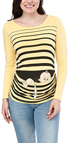M.M.C. Umstandsshirt Langarm Damen mit Baby-Flucht-Motiv – Umstandsmode T-Shirt für die Schwangerschaft, mitwachsende Raffung, 95% Baumwolle, S bis XL