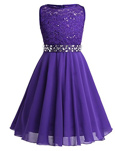 TiaoBug Fille Princesse Robe en Dentelle à Paillettes Strass Robe Soirée Cocktail Mariage Cérémonie Demoiselle d'honneur Robes de Carnaval Fête 2-16 Ans Violet 12 Ans