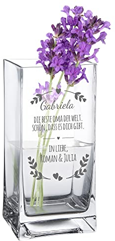 Casa Vivente Blumenvase mit Gravur Beste Oma der Welt, Personalisiert mit Namen, Glasvase für Schnittblumen, Deko-Vase als Muttertagsgeschenk
