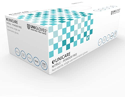 Unigloves Unicare Nitrile Examination Gloves - Multipurpose, Powder Free, Medical Grade Disposable Gloves - Box of 200 Gloves, Blue, Extra Small (GS0041)