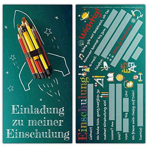 BREITENWERK 12 Einladungskarten Einschulung Set Rakete - Einschulungskarten Einladung für Kinder zum Schulbeginn Schuleingang Schulanfang Karten