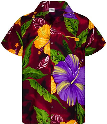 King Kameha Funky Chemise-Hawaienne, Manche-Courte, Big-Flower, Rouge-Marron, M