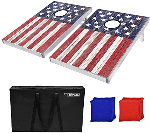 GoSports Uni – Erwachsene Cornhole Heckklappengröße 91 x 60 cm, tragbares Set enthält 8 Sitzsäcke und Spielregeln, Rustikale amerikanische Flaggen-Edition, 3 x 2 ft