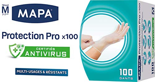 MAPA - Gants Protection Pro x 100 - Gants Fins en Vinyle non-poudrés et sans Latex - Recyclables avec TerraCycle® - Certifiés Antivirus - Boîte Distributrice de 100 gants - Taille M