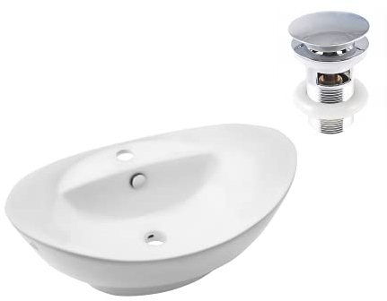VBChome Waschbecken 59 x 39 cm Keramik Weiß Oval Pop-up ventil Click-Clack Waschtisch Handwaschbecken Aufsatzwaschbecken Waschschale Gäste WC