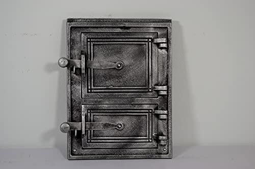 SEZAM Backofentür aus Gusseisen mit 2 Türen - mit Türriegel, Brotofentür - Steinofentür - Pizzaofentür 35 x 3 x 26 cm - rechteckig, altsilberfarben bemalt