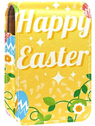 Lippenstift-Etui mit Spiegel, dekoratives Osterei mit Kaninchen-Blumen, Lipgloss-Halter, tragbare Lippenstift-Aufbewahrungsbox, Reise-Make-up-Tasche, Mini-Leder-Kosmetiktasche, hält 3 Lippenstifte,