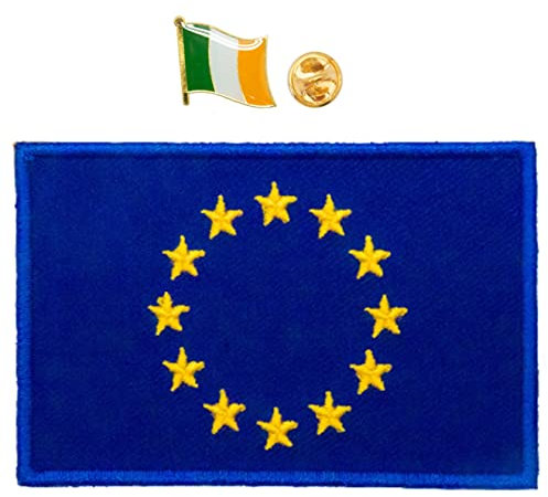 A-ONE Irland-Flagge Metall Abzeichen Pin+EU-Flagge Symbol Stickerei Patch, Metallkragen Abzeichen Pin Tote Bag Pullover, EU Patch für Canvas Tasche Garrison Cap Rucksack Cap No.005P+086