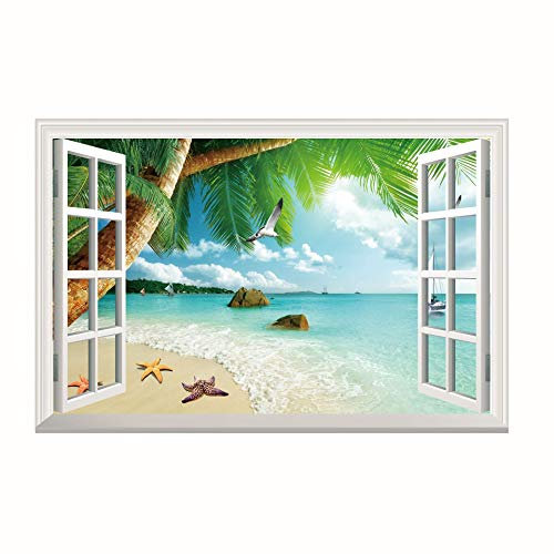 Lichi Adesivo da parete 3D per finestra, con vista sulla spiaggia tropicale, paesaggio del sole, decalcomania murale per la decorazione della casa