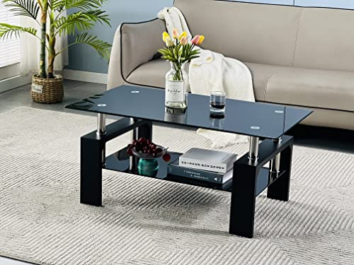 Btrpily Mesa auxiliar rectangular para sala de estar, mesa de té adecuada para sala de espera, mesa auxiliar moderna con patas de madera, mesa de cristal con estante inferior, 39.5 pulgadas de
