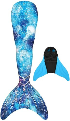 FOLOEO Meerjungfrauenflosse Mädchen Meerjungfrauenschwanz mit Meerjungfrau Flosse Badebekleidung, Geeignet für Kinder und Erwachsene 100-170cm Höhe, Mehrfarbig (GN01), 120