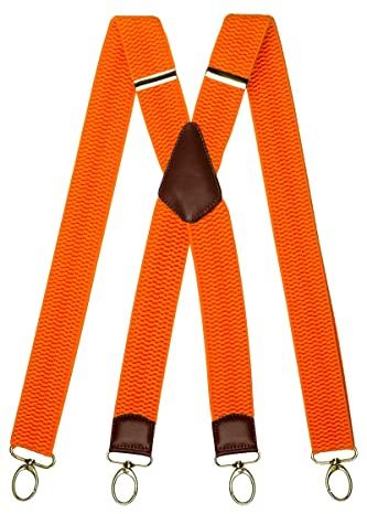 Olata Extra Breite Herren Hosenträger X-Form mit Braun Leder und Karabinerhaken – 4 cm. Orange