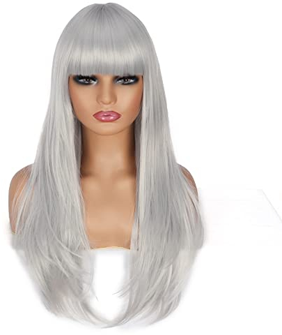 PORSMEER 70 cm Lange Glatt Grau Silber Perücken mit Pony für Frauen Natürliche Kunsthaar Halloween Perücke für Tägliche/Karneval/Fasching Kostüm Party