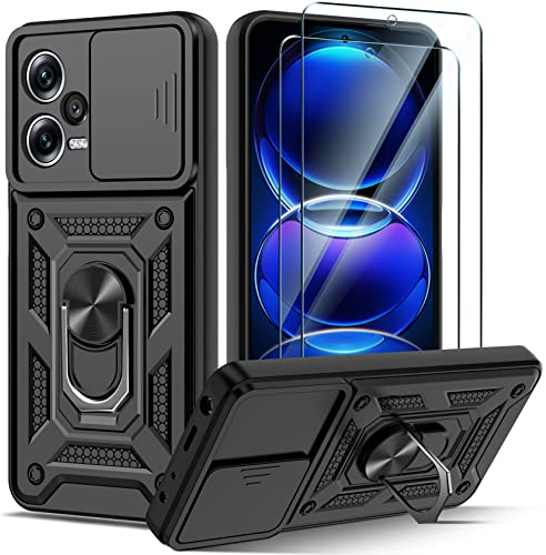 Guisessy Funda para Xiaomi Redmi Note 12 Pro Plus 5G Armor Cubierta de cámara Deslizante Proteger con 2 Cristal Templado Protector,360 Anillo Soporte PC y Silicona TPU Case (Negro)