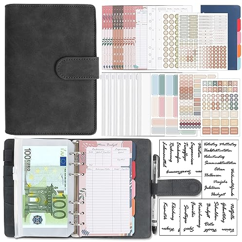 BIROYAL Budget Planer Deutsch | Budget Binder A6 PU Leder | Bugetplaner Deutsch Startset mit 12 Duplex-Budgetblätter, 14 Wochennotizblätter, 5 Farbkarten, 8 Geldumschläge&Set Budgetaufkleber