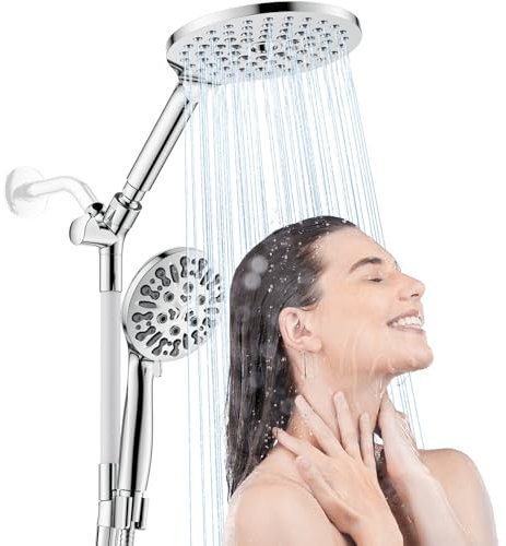 HOWUWEY Cabezal de ducha doble moderno con rociador de mano, cabezal de ducha de lluvia de 7.5 pulgadas, cabezal de ducha de mano de 9 modos, manguera de 78 pulgadas, cromado