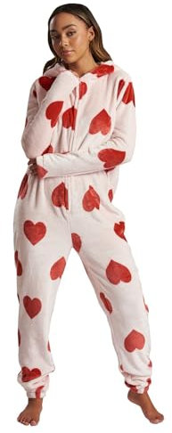 Loungeable Damen Jumpsuit Langer Overall Einteiler Heart Luxury Fleece All In One 793073 rote Herzen S
