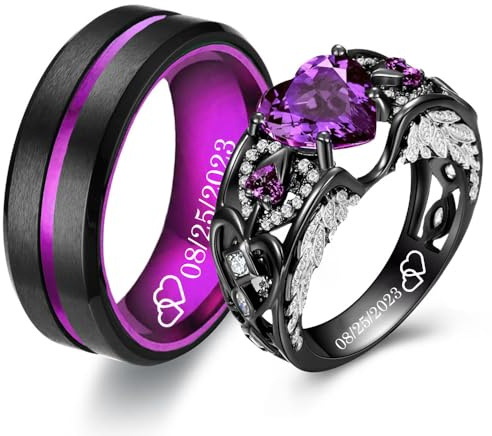 RHANY Personalized Couple Rings Set Black Promise Rings for Him and Her Customizable engagement rings for couples set red Couple Custom Wedding Rings Set Blue and Purple,Size 6-13