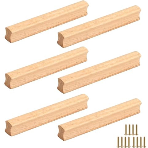 6 Piezas Tirador Madera, Pomos de Madera para Muebles, Tiradores de Madera para Armario con Tornillos, Distancia Entre Agujeros 96 mm, para Armarios, Baños, Oficinas y Cocinas