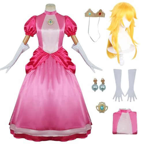 YEAJION Damen Prinzessin Peach Kleid mit Zubehör Perücke Peach Cosplay Verkleidung Prinzessin Kostüm Rosa Weihnachten Halloween Karneval Party Bühnenauftritt Kostüm für Erwachsene