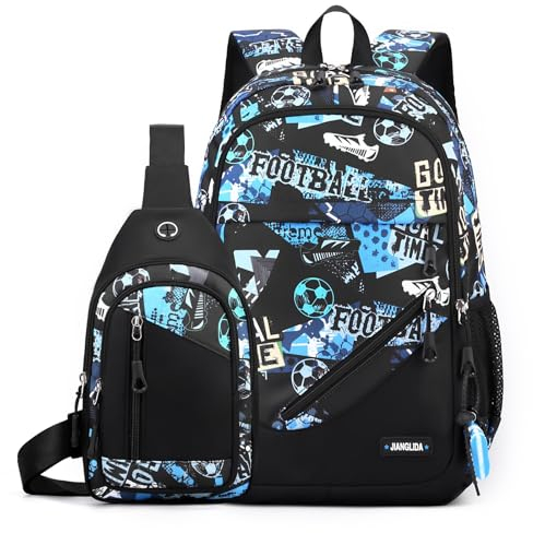 Amythe Schulrucksack Jungen Teenager 2 Teilig mit Sling Bag Herren Casual Daypack,Schultaschen-Set für 9-18 Jahren, Große Kapazität Wasserdicht Camouflage Rucksack Schule Mädchen, Blau