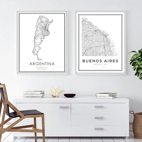Yangld Aires City Road Map Poster und Drucke, Schwarz-Weiß, moderne minimalistische Wandkunst, Leinwandgemälde, Heim- und Raumdekoration, 50 x 70 cm x 2, ohne Rahmen