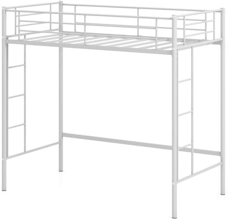 Multigot Metal Bunk Bed, 2 Ladders Single Loft Bed Frame with Safety Guardrail, Space-saving High Sleeper for Kids Teens Adults (White)