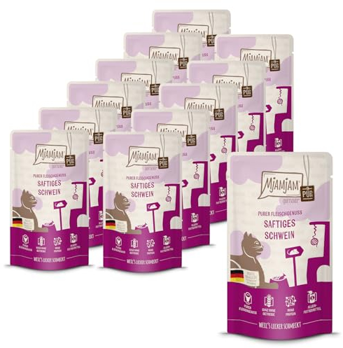 MjAMjAM - Premium Nassfutter für Katzen - Quetschie - saftiges Schwein PUR, 12er Pack (12 x 125g), getreidefrei mit extra viel Fleisch