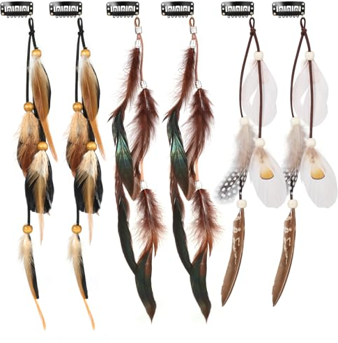 MWOOT 6 Stück Indianer Feder Haarschmuck Clip, Haarschmuck Damen, Federn Haarextensions, Boho Kopfschmuck für Faschingskostüm Karneval Verkleiden Piraten Cosplay Haardeko Zubehör Feder Haarspangen