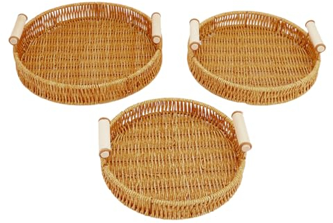 Hand Woven Serving Tray Set, Round Basket with Double Handles, Japanese Design for Snacks, Fruits, Teacups