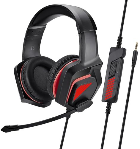 FNSHIP Stereo Wired Gaming Headset for PS4 PS5 New Xbox One Controller PSP PC Laptop Tablet, Over Ear 3.5mm Port Headphones with Mic, Bass Surround, Soft Memory Earmuffs,Red&Black