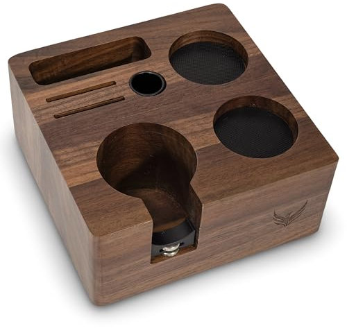 KNODOS Espresso-Tampingstation V3, 54 mm, Walnuss-Siebträgerständer, Espresso-Organizer für Salbei-/Breville-Maschinen mit Tamperhalter, Verteilerschlitz und Multi-Zubehör-Aufbewahrung