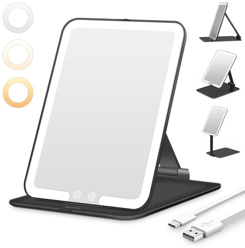Auxmir Rechargeable Travel Vanity Mirror, Portable Makeup Mirror with 72 LED Lights, 3 Color Lighting, Dimmable Touch Screen, Folding Lighted Table Cosmetic Mirror with Stand for Home, Travel(Black)