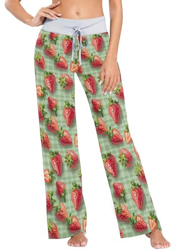 CHIFIGNO Pyjamas Hosen Für Frauen Casual Lounge Hosen Schlaf Pyjamas Hosen Pj Bottoms, Nette Erdbeere auf grünen Plaids, M