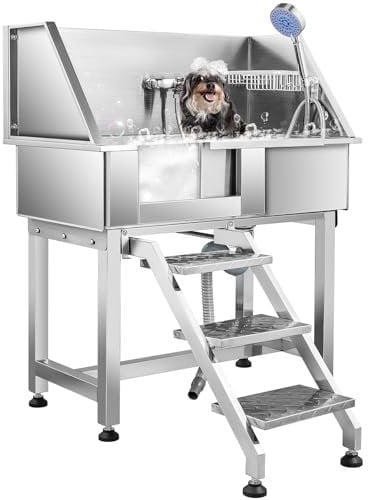 ZELCAN Professional Dog Grooming Bath Tub, 86cm Stainless Steel Pet Bathing Station Sink with Drain Steps Shower Head Hose Walk In Door & Faucet for Home Pet Shop Vet Kennel(34Inches)