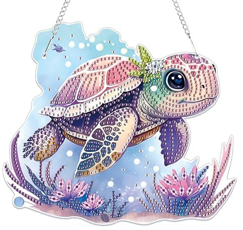 Lxmsja 5D Diamond Painting Anhänger, Diamond Painting Meeresschildkröte Kinder Erwachsene, Hängende Ornament Bastelset Kreativ Set Geschenk Mädchen 7 8 9 10 11 Jahre, Kranz Tür Fenster Deko