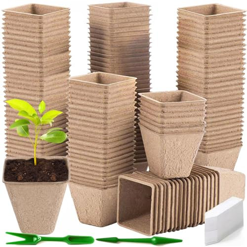 ZZXLOPEZ Macetas Biodegradables Semilleros, 100Pcs 8cm Macetas de Semillas de Fibra Biodegradable con 2 Herramientas de Jardín y 100 Etiquetas de Plantas, para Plantasde de Semillero,Flores,Plantas